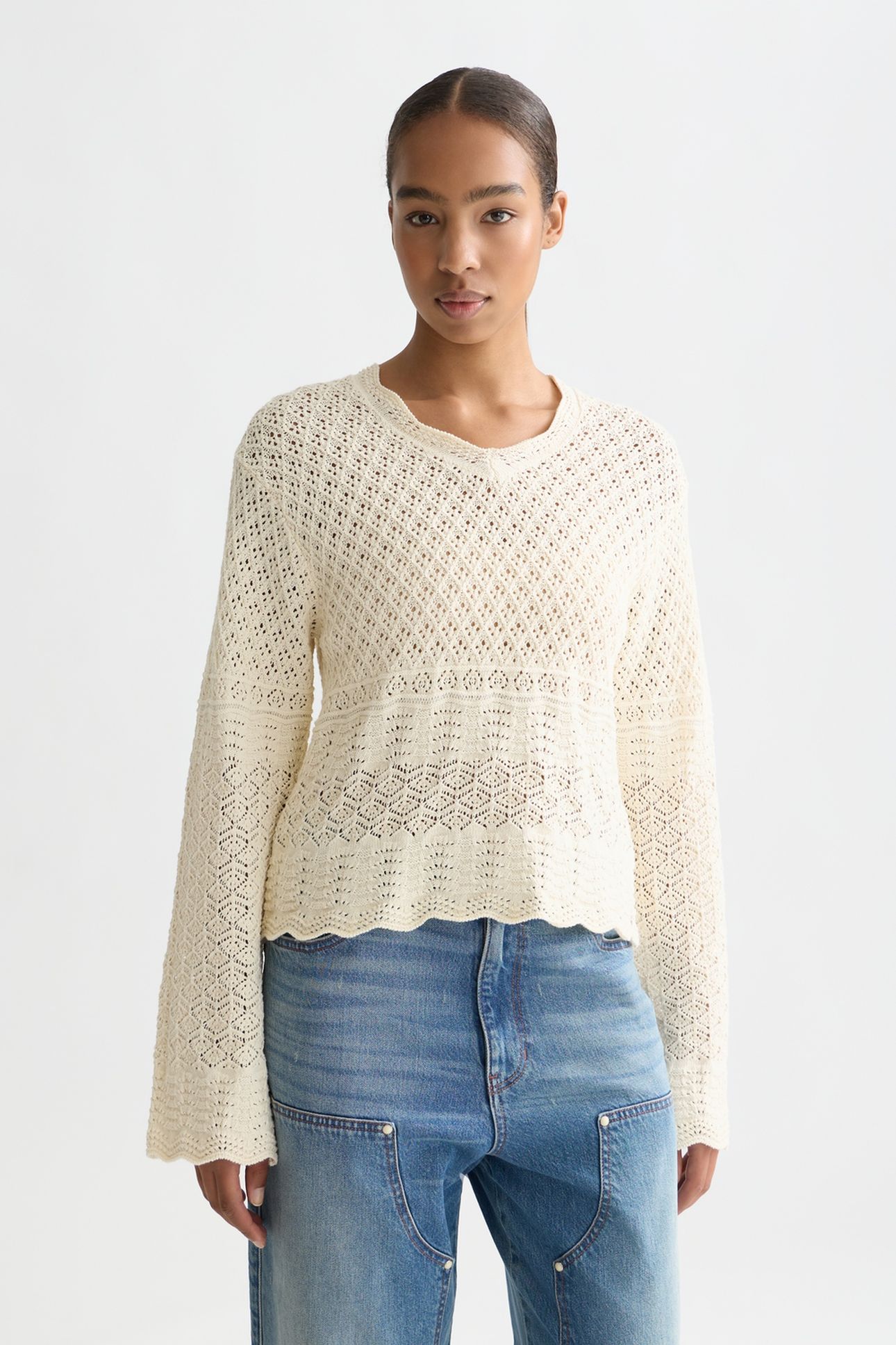 POINTELLE STITCH V NECK PULLOVER EGGNOG 1