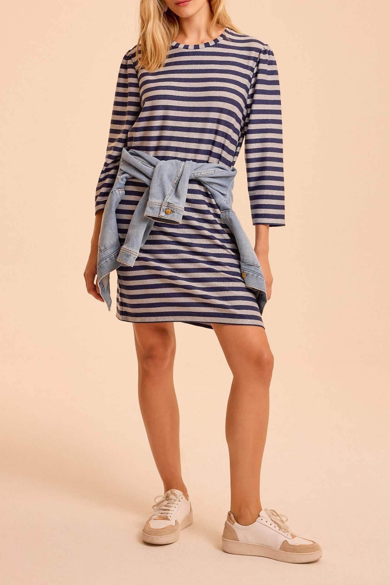 NAVY DRESS WITH GREY LUREX STRIPES 5