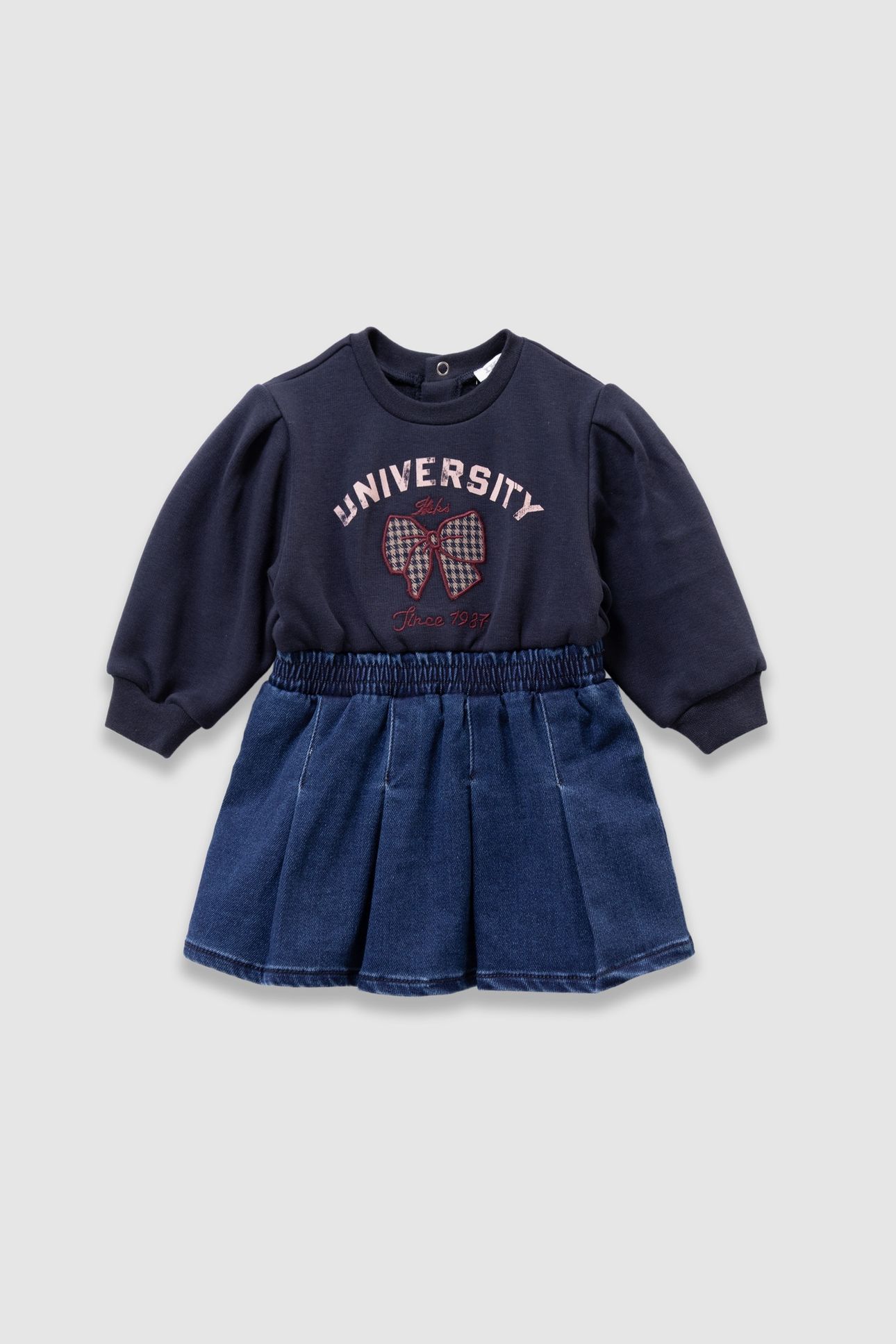 BABY GIRLS’ NAVY MIXED FABRIC DRESS, BOW AND EMBROIDERY 1