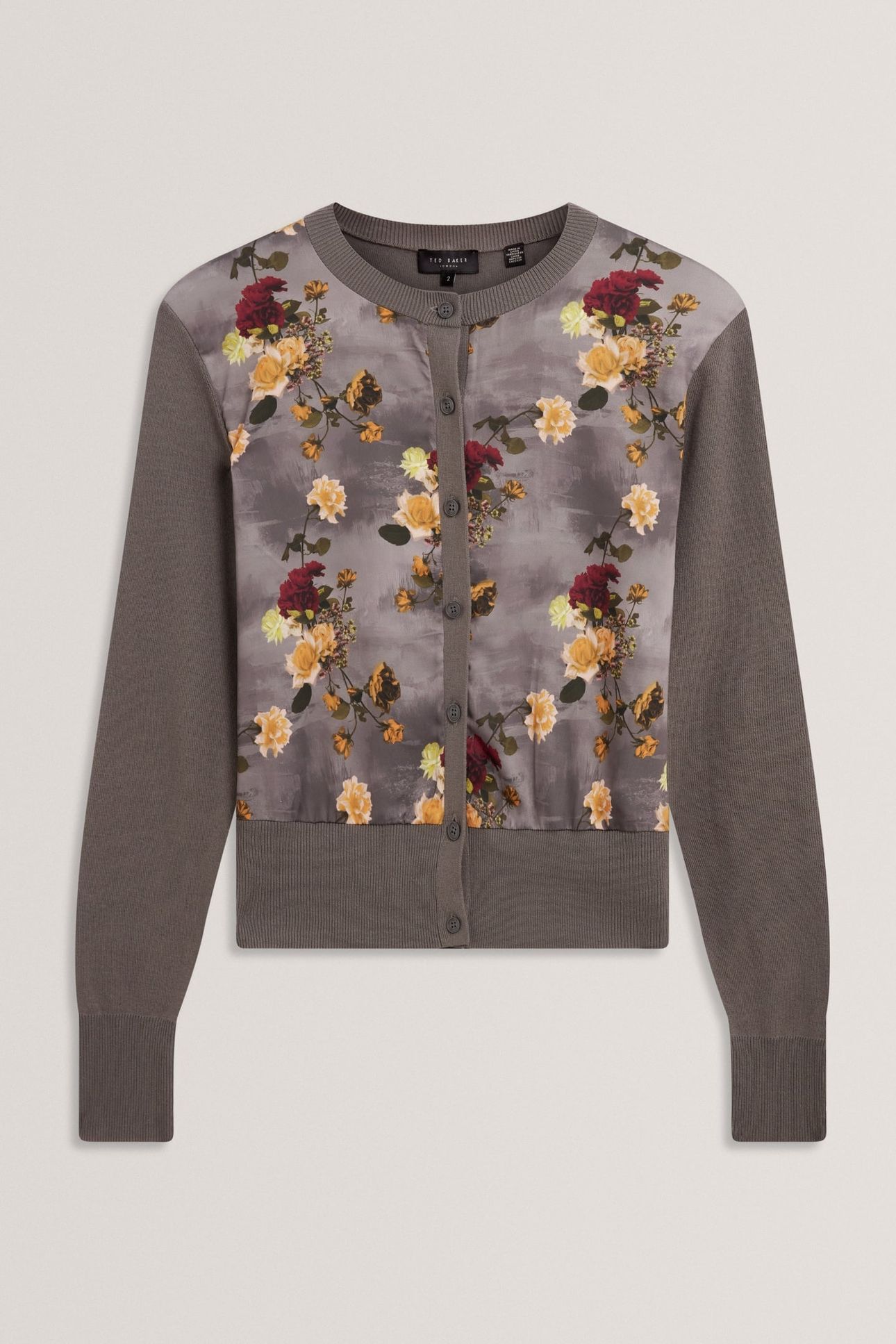 FLORAL PRINTED WOVEN FRONT CARDIGAN MID-GREY 3