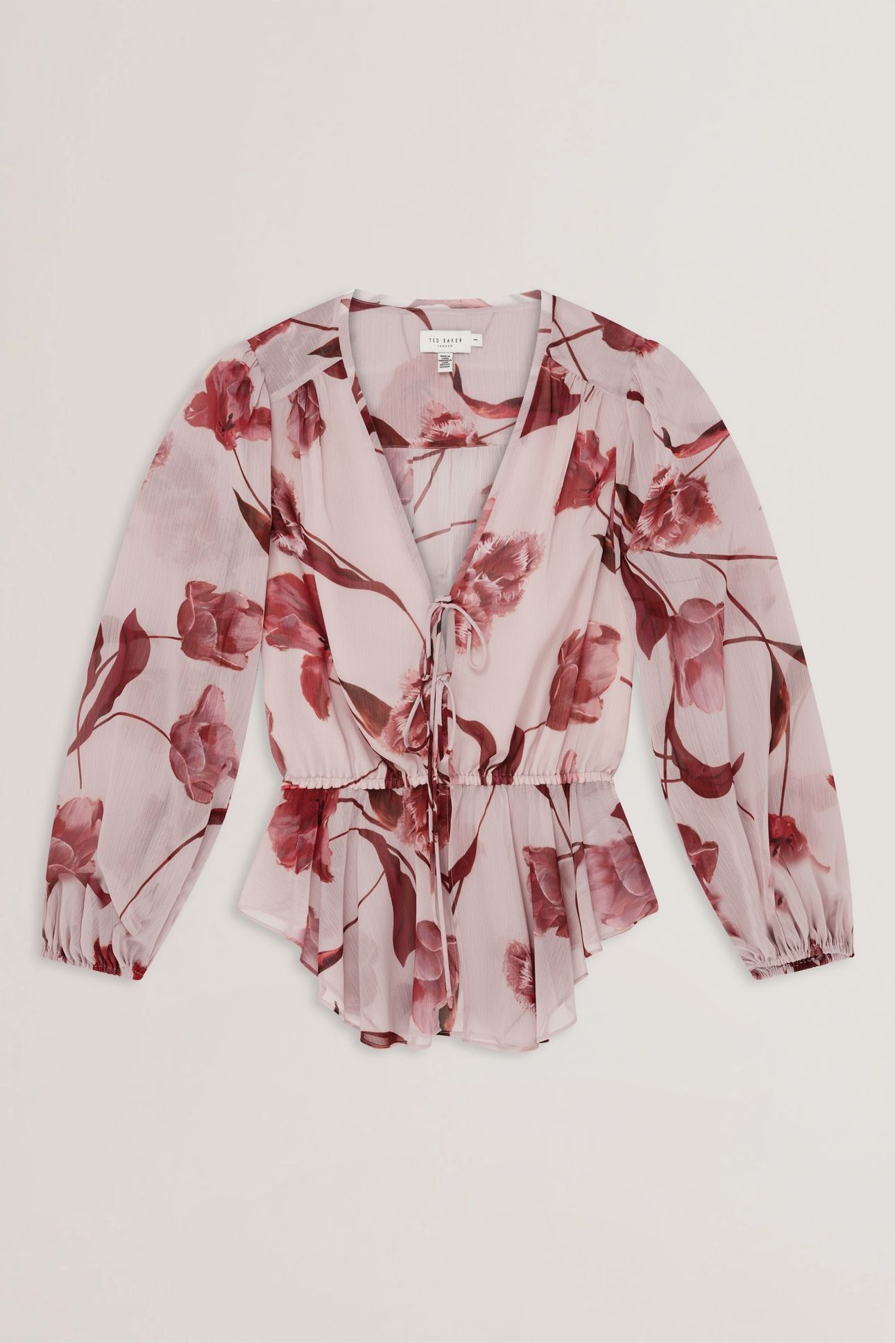 PRINTED TIE FRONT BALLOON SLEEVE BLOUSE PINK 3