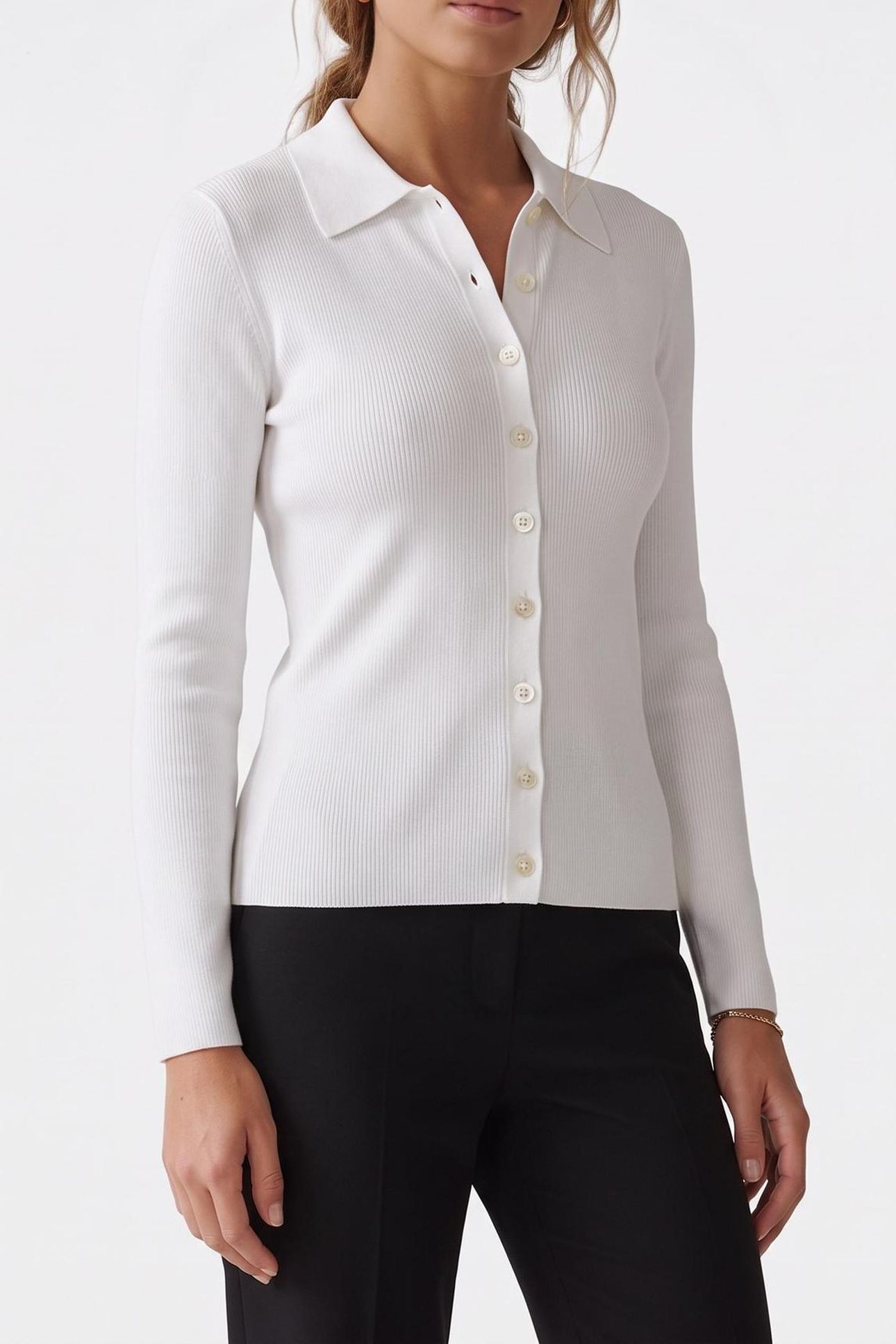 FITTED RIBED LS BUTTON UP OPTIC WHITE 1