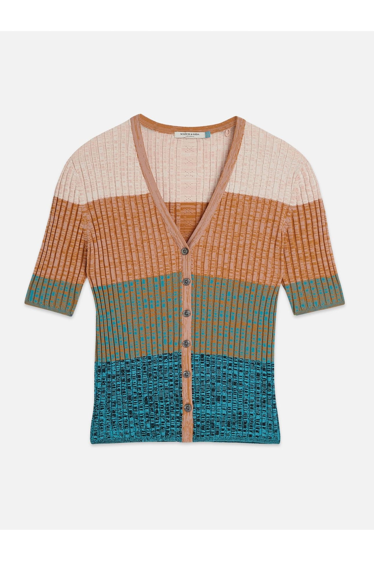 BLOCK STRIPE RIBBED SHORT SLEEVE CARDIGAN TAHITIAN TEAL 4