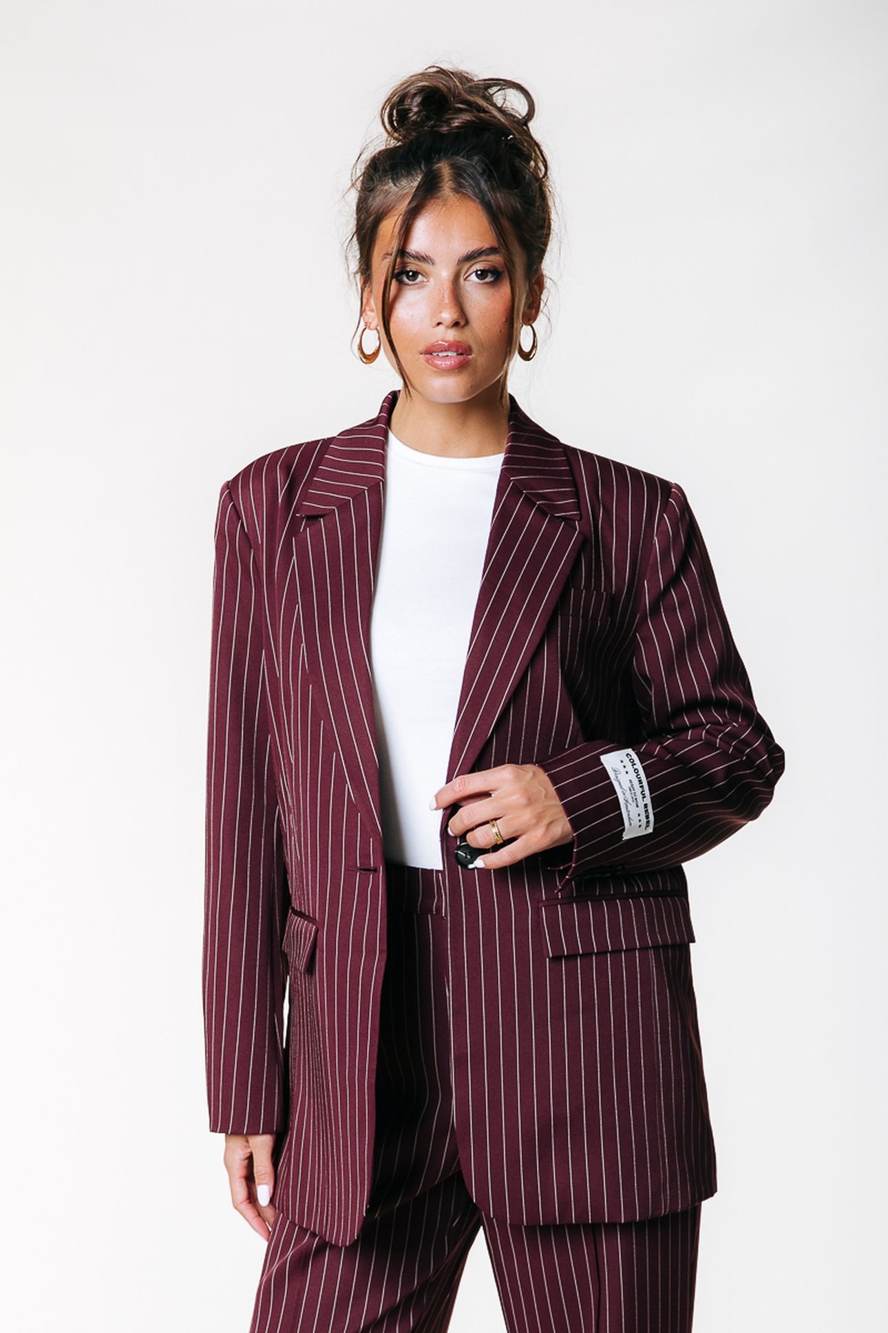 JESRA PINSTRIPE SINGLE BREASTED BLAZER MERLOT RED 1