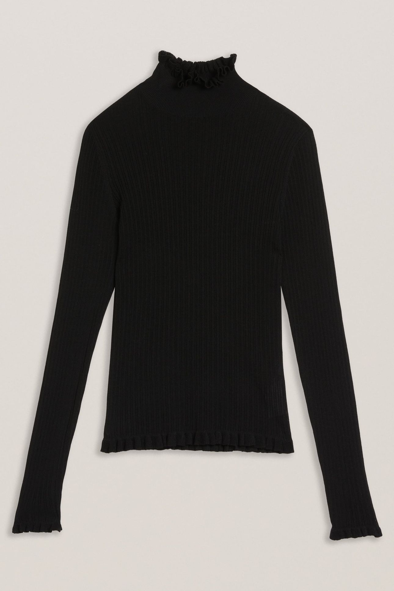 JANITTT RIB FUNNEL NECK FRILL JUMPER BLACK 4