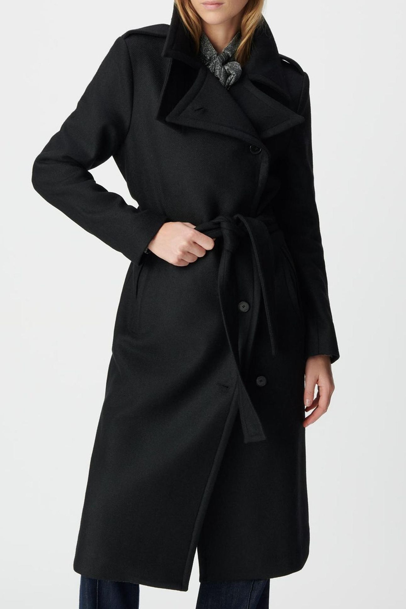 BLACK WOOLCLOTH BELTED PEA COAT-STYLE LONG COAT 1