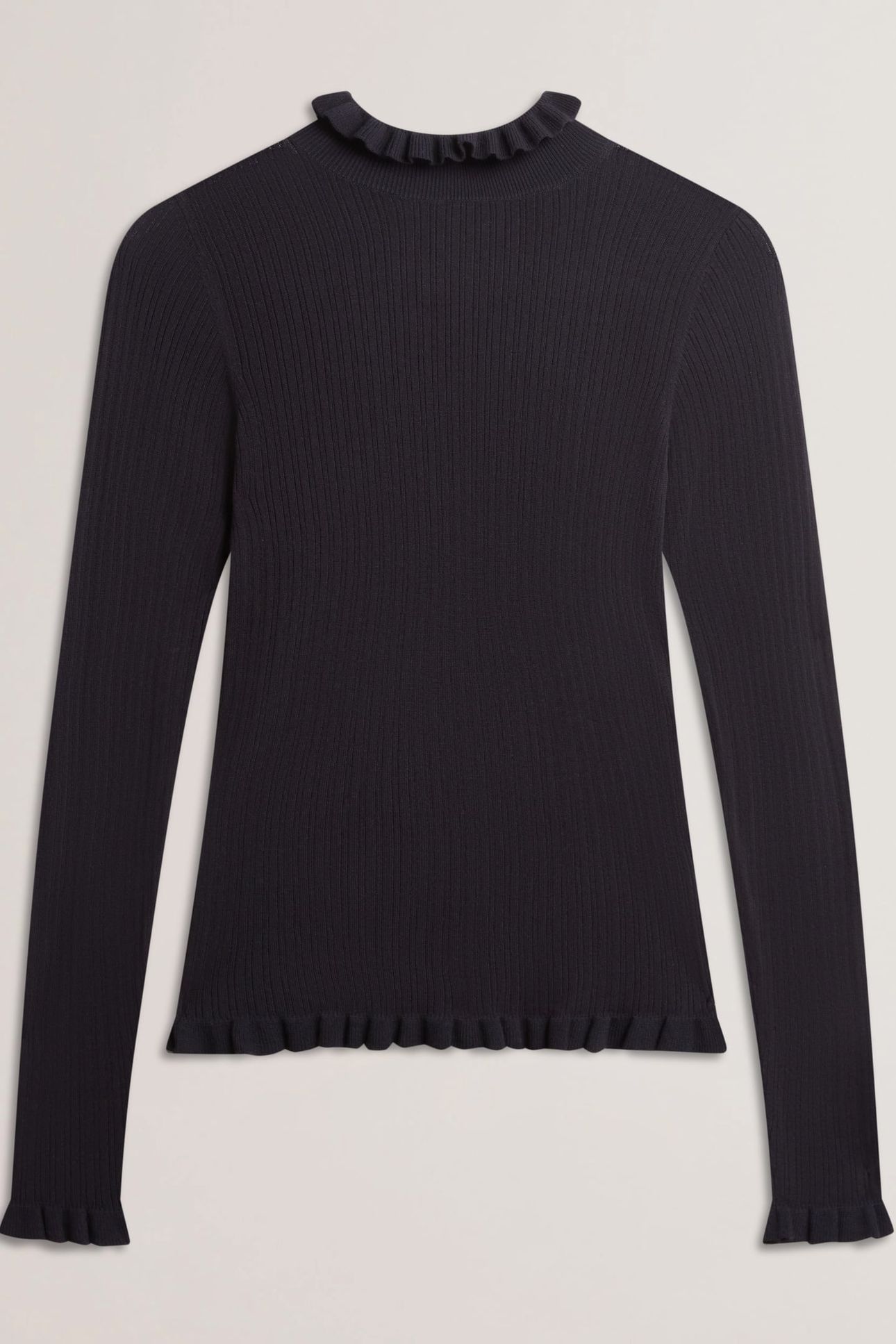 JANITTT RIB FUNNEL NECK FRILL JUMPER NAVY 3