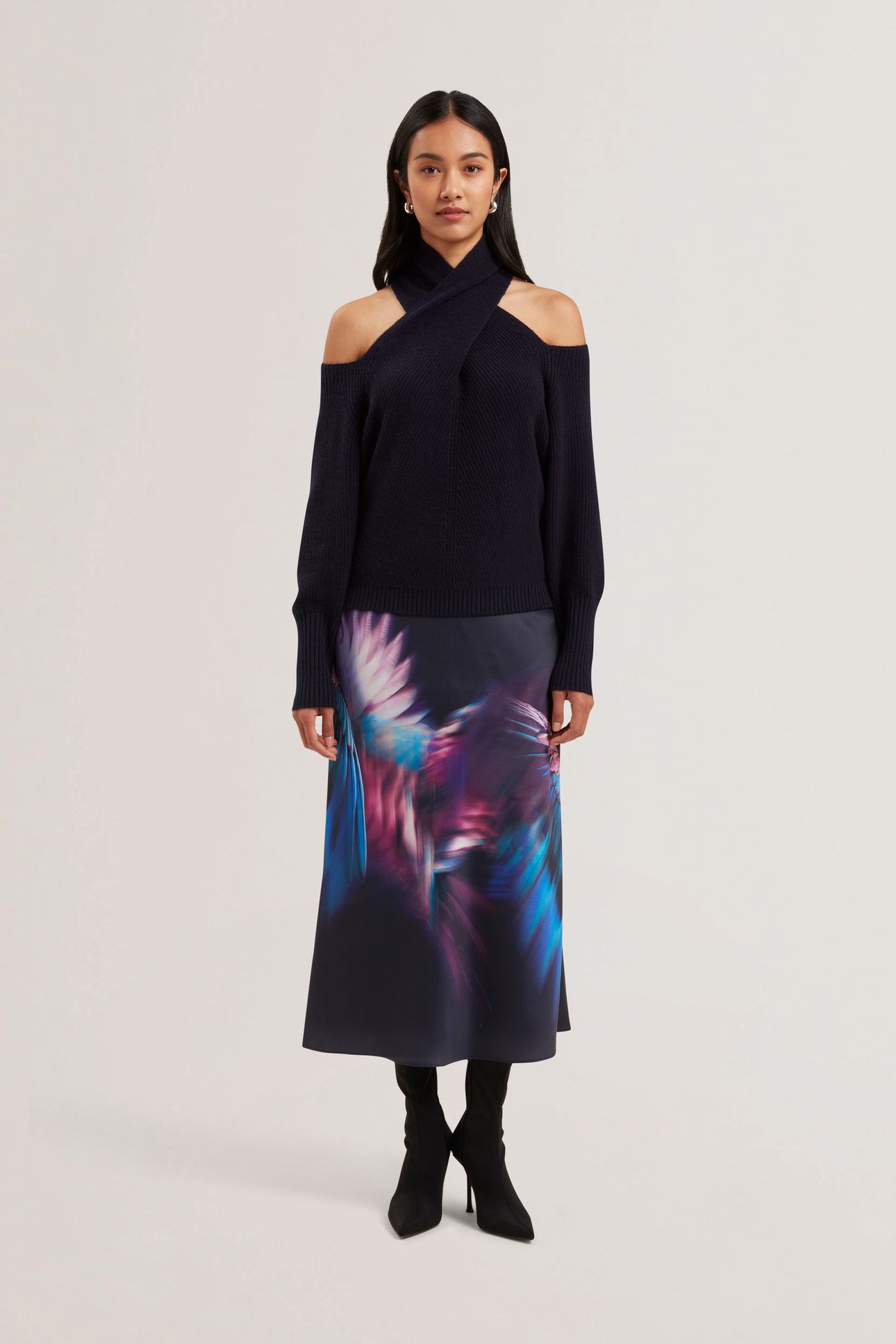 WMS GILAO PRINTED MIDI BIAS CUT SKIRT NAVY 1