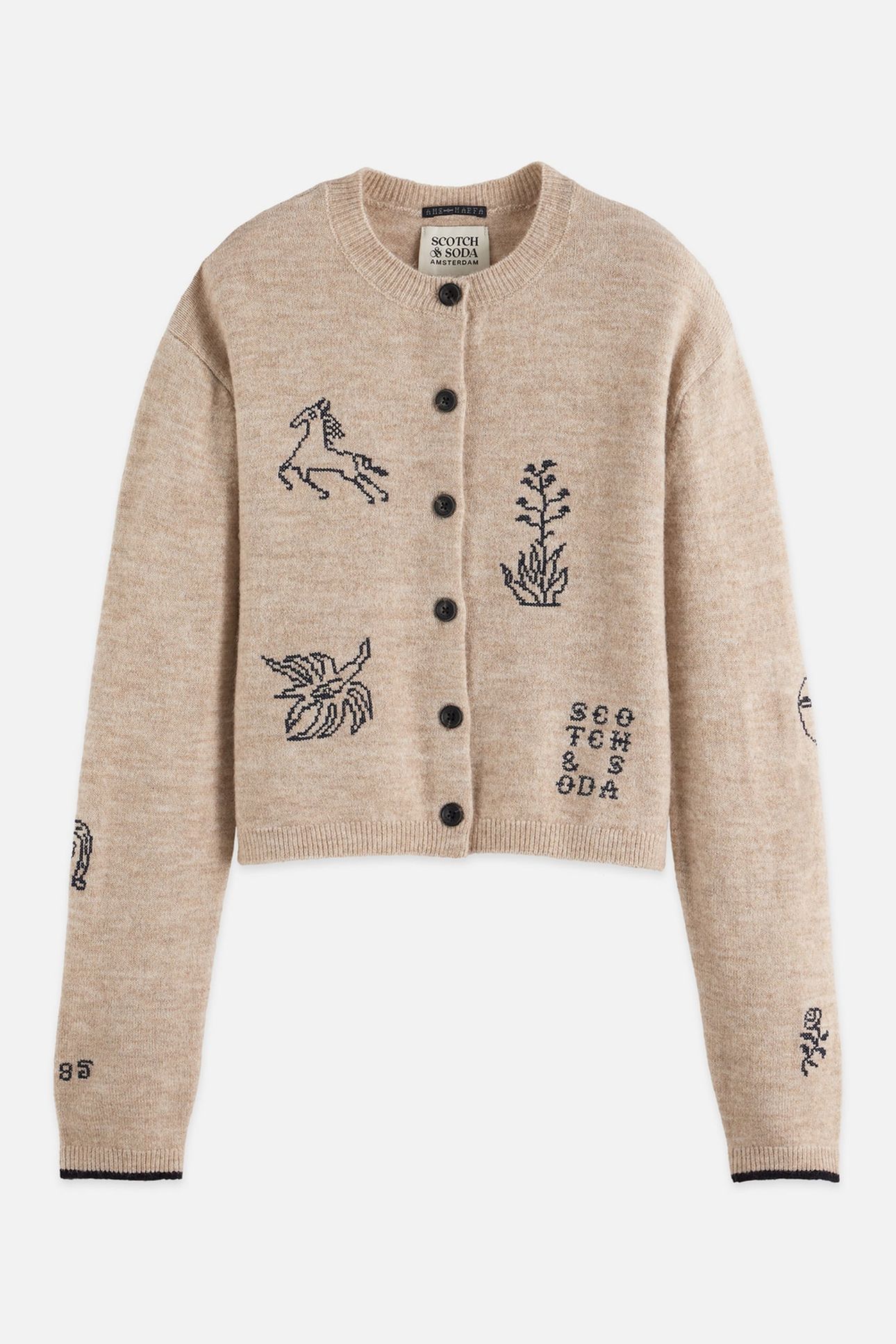 EMBROIDERED CREW NECK CARDIGAN OATMEAL MELANGE 4