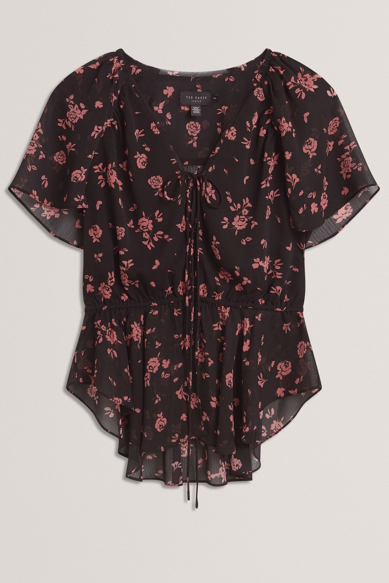 PRINTED TIE FRONT BALLOON SLEEVE BLOUSE BLACK 2