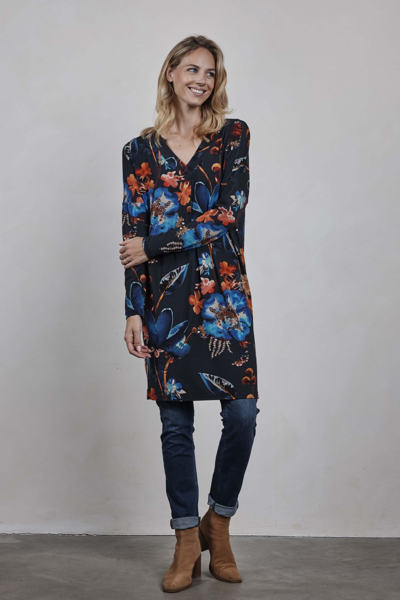 LOOSE DRESS INDY PRINT DARK BLUE WATERSIDE M PRINT 1