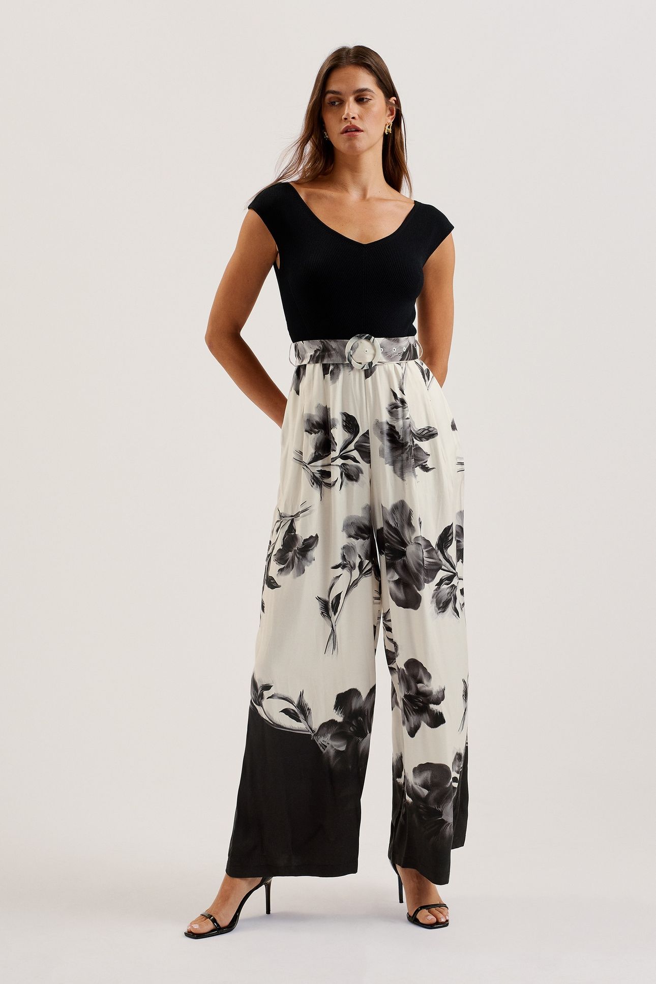 NALCO BARDOT KNIT BODICE PRINTED TROUSERS BLACK 1