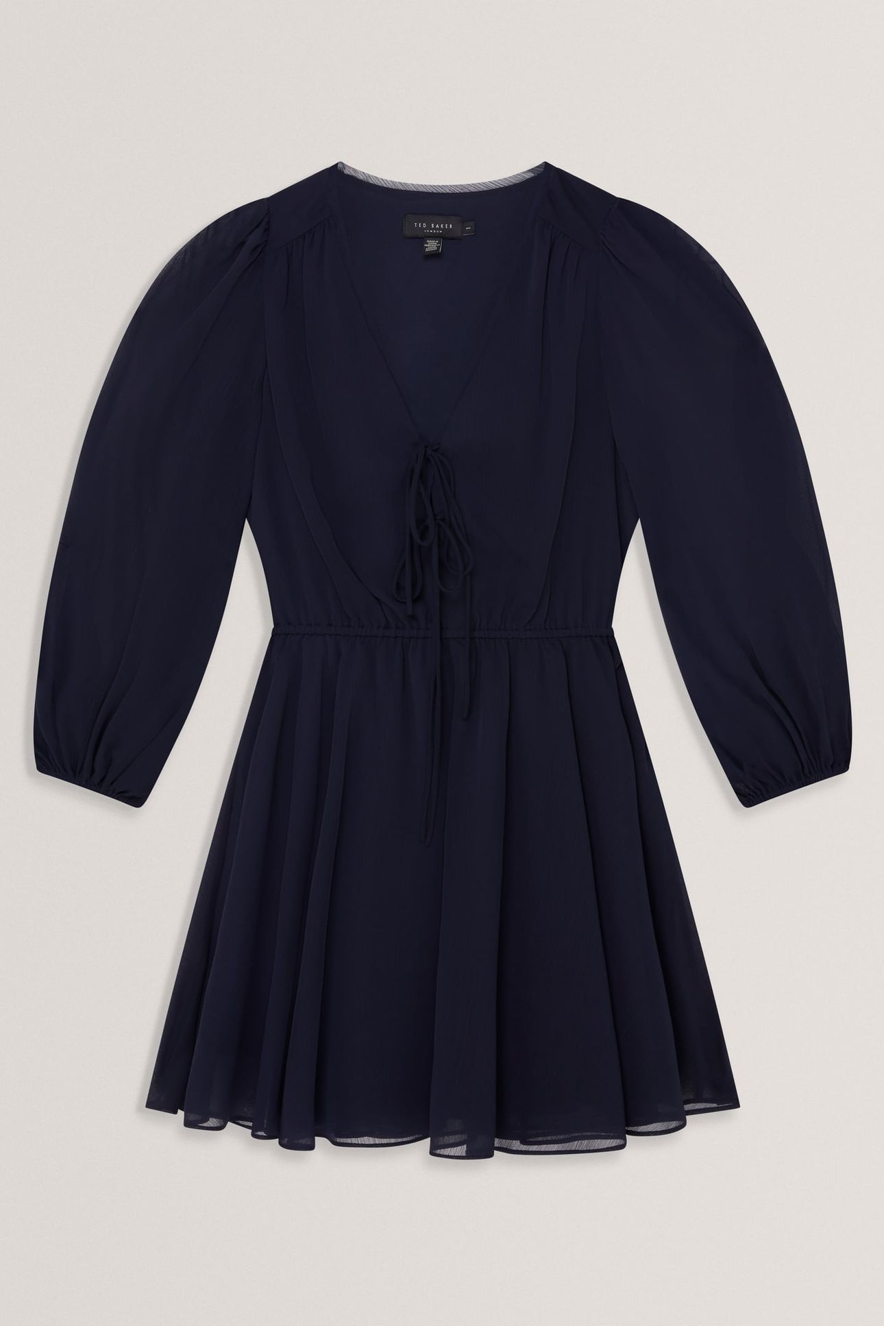 PRINTED TIE FRONT LONG SLEEVE MINI DRESS NAVY 3