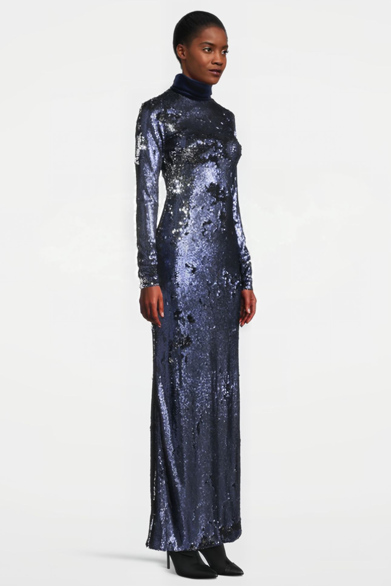 WOMEN‘S MAXI SEQUIN DRESS WITH HIGH COLLAR NAVY, SILVER 3