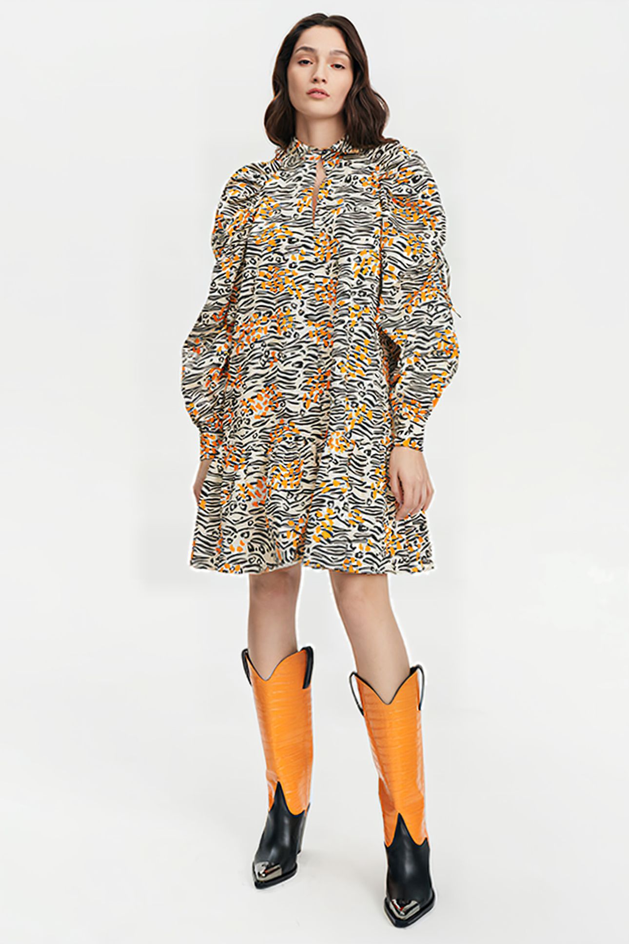 GATHERED VOLANT DRESS WILD PRINT ORANGE 3