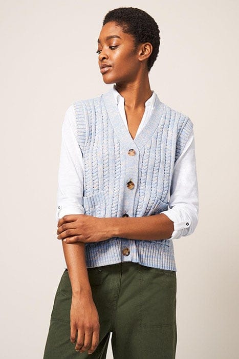 SLEEVELESS CABLE CARDI BLUE MLT 1