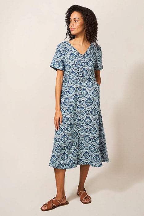 IVY LINEN MIDI DRESS BLUE PRINT 1