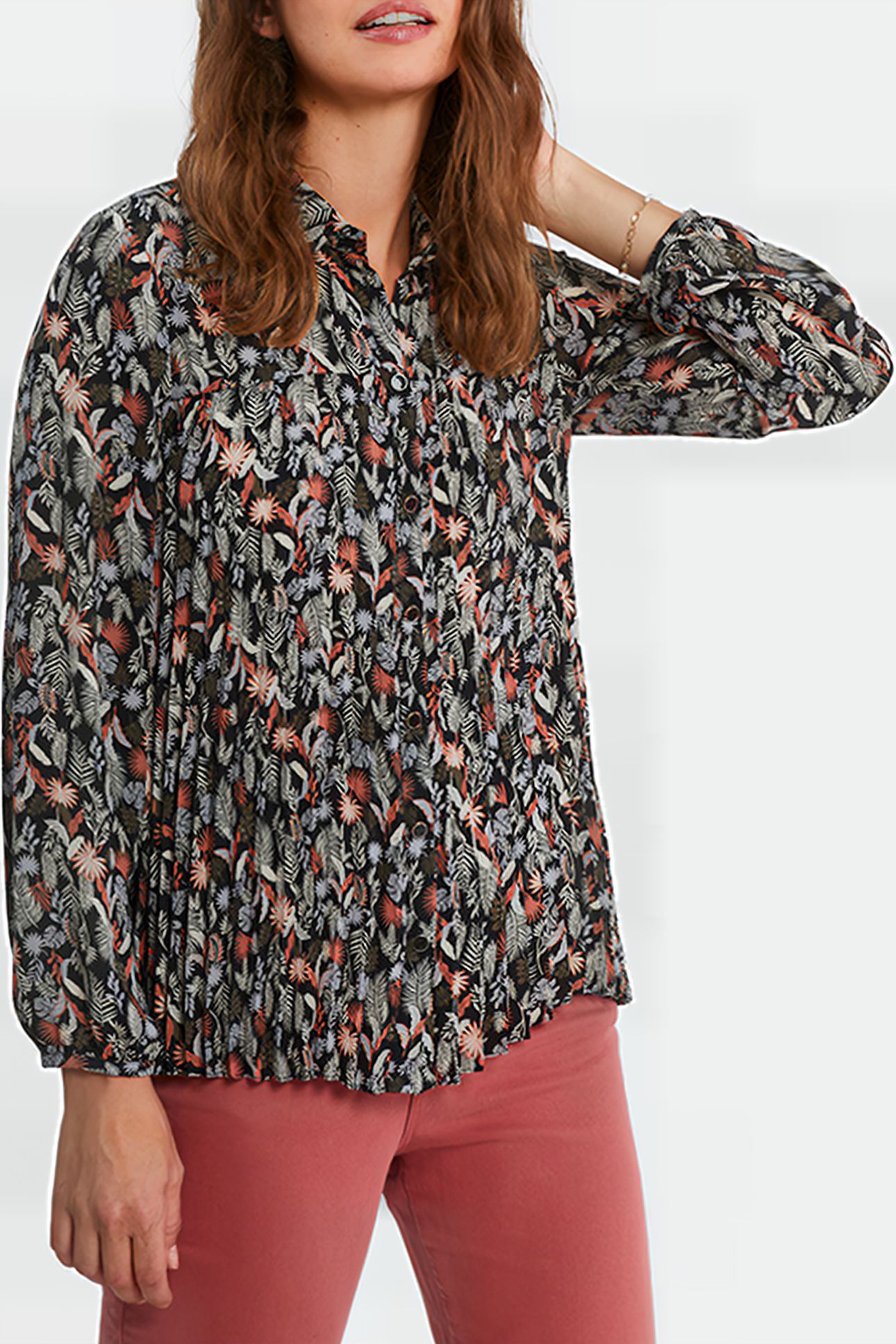 BLACK PLANT PRINT PLEATED SHIRT 1