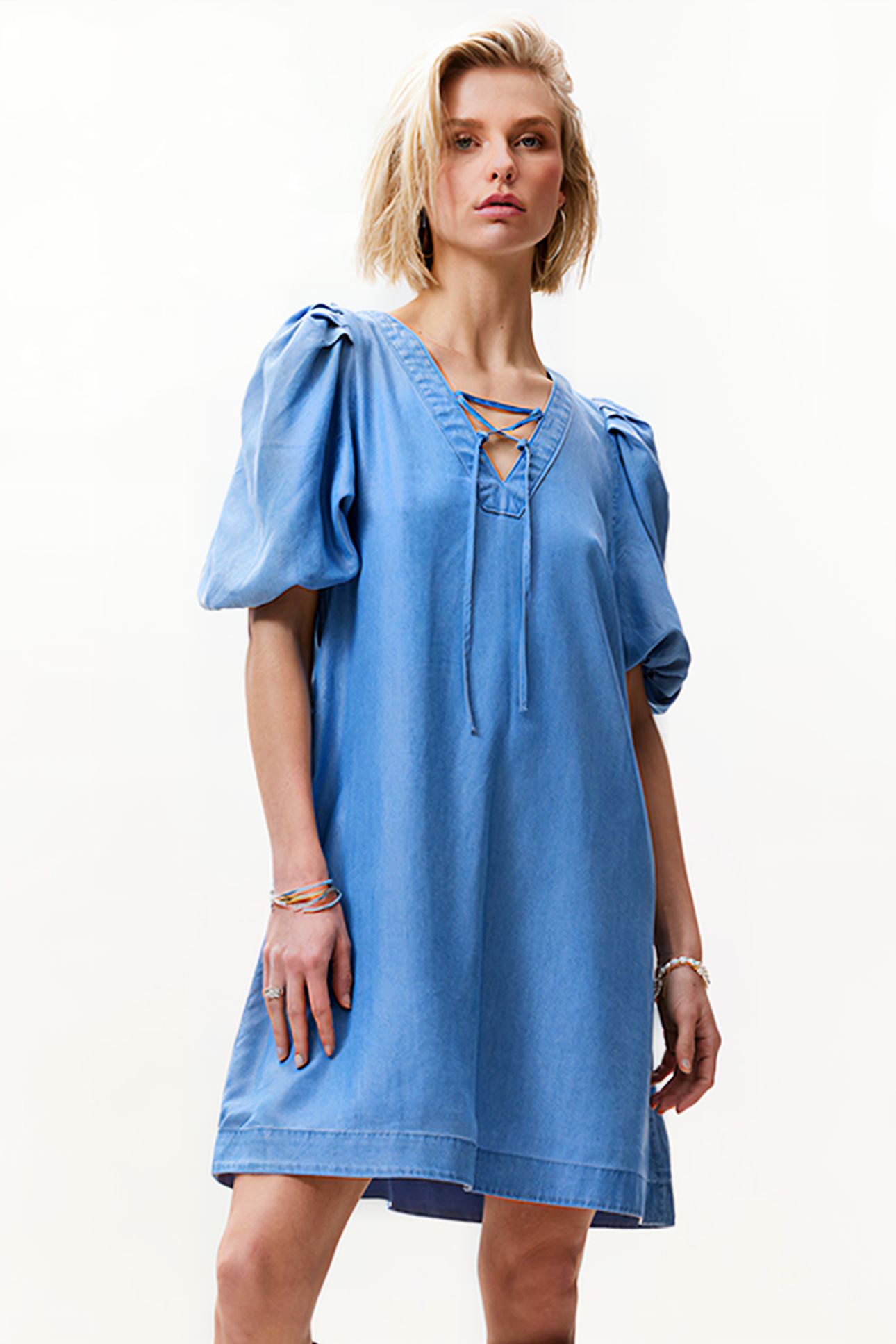 PUFF SLEEVE V NECK DRESS BLUE 1