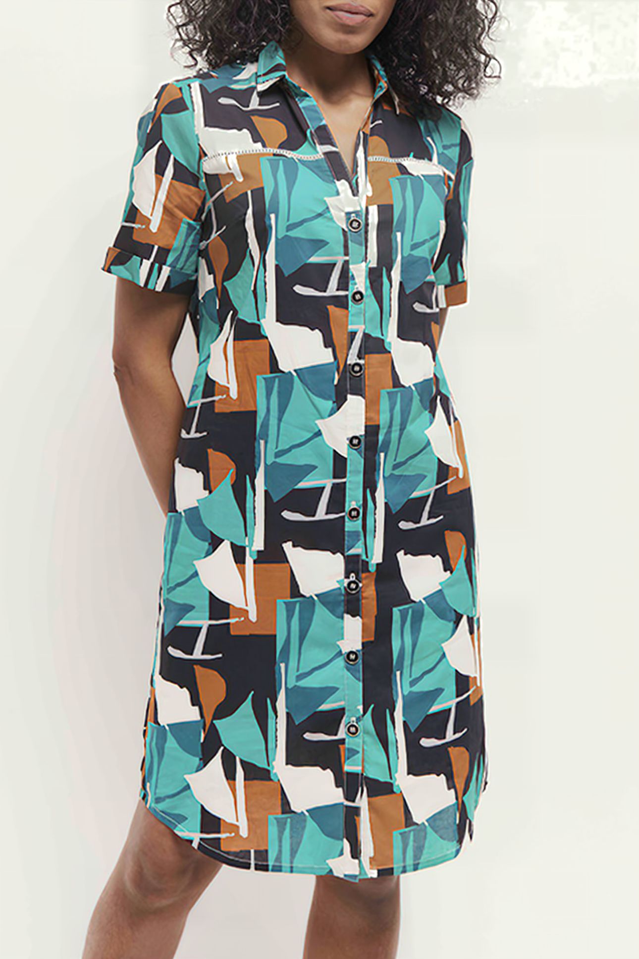 RAIN - GREEN GRASS SHIRT DRESS WITH ARTY ABSTRACTION PRINT 1
