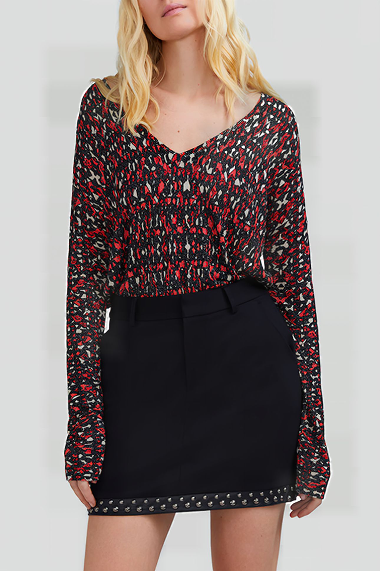 BLACK FINE KNIT SWEATER WITH IKAT PRINT 1