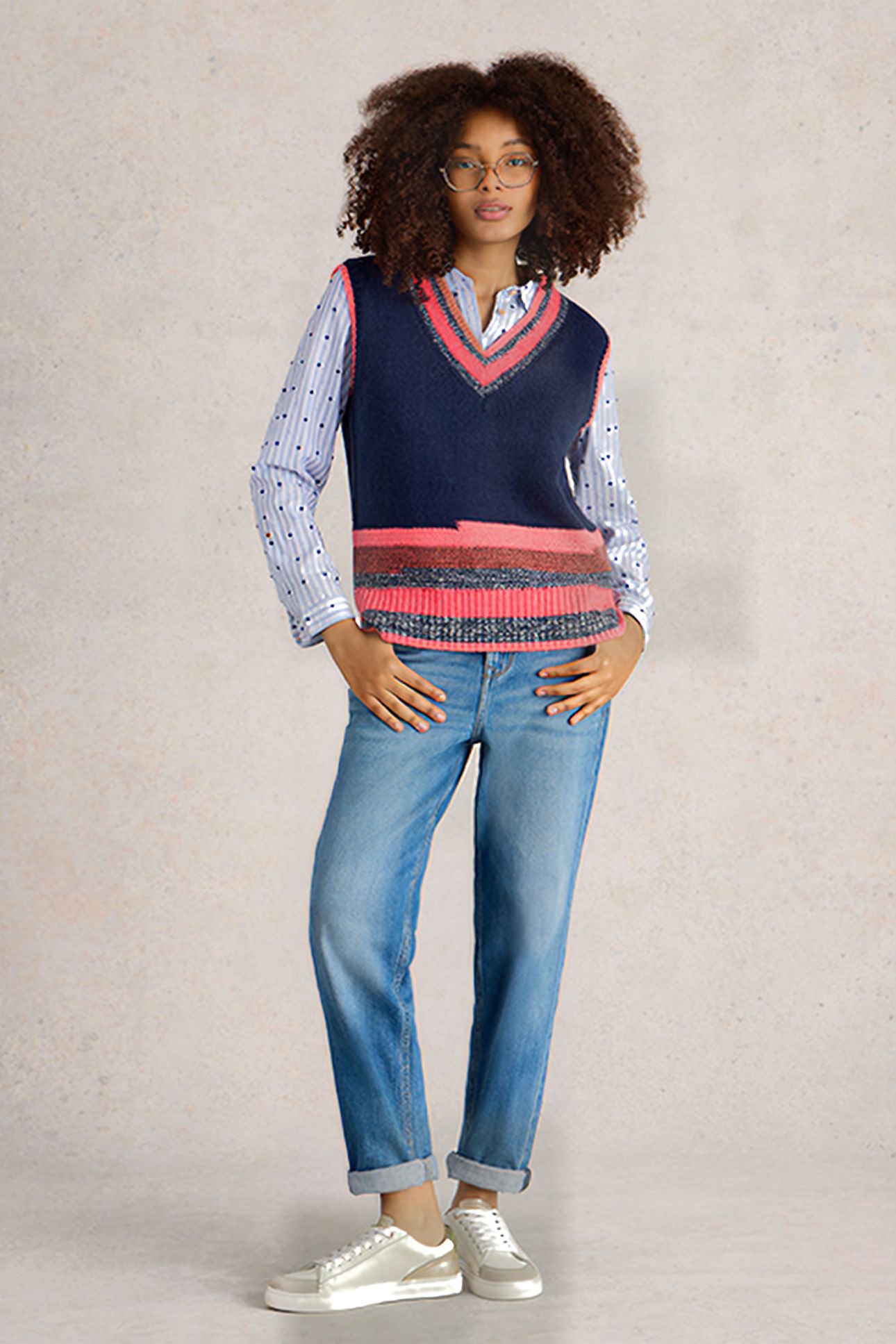 V NECK STRIPE TANK NAVY MULTI 1