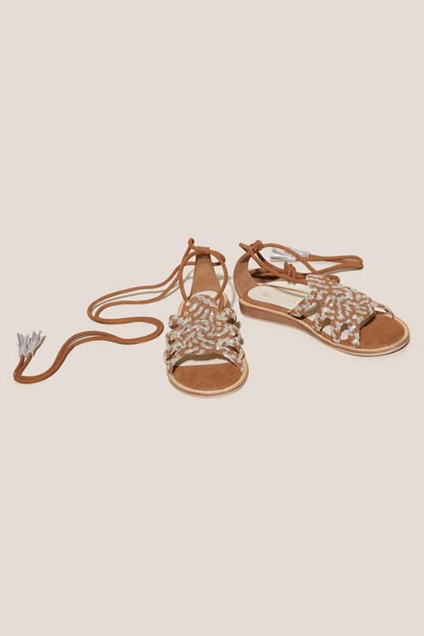 PLAITED LEATHER SANDAL TIE LEG MID TAN 1