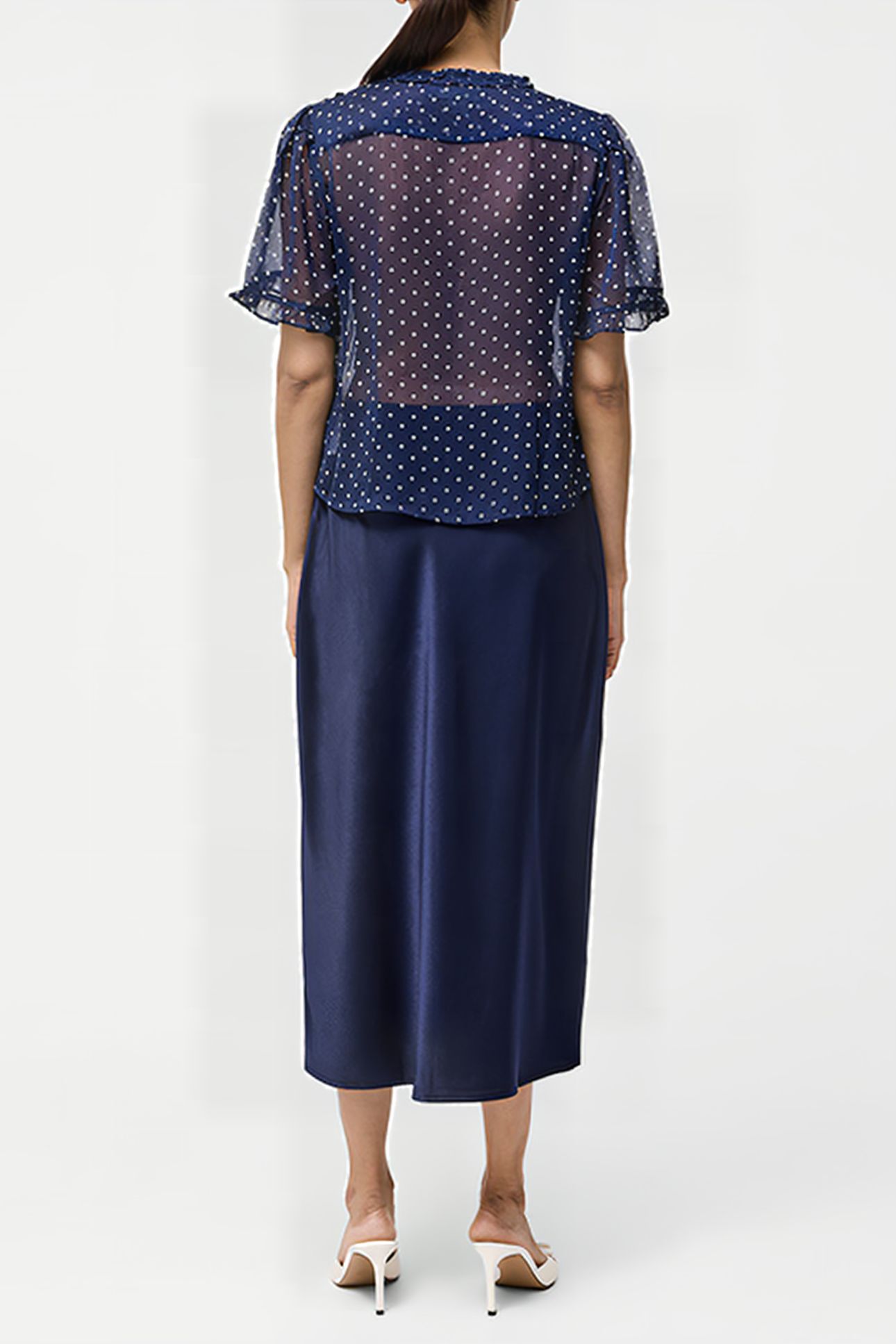 POLKA DOT SHORT SLEEVE RUFFLE TOP MIDNIGHT/SUMMER WHT 3