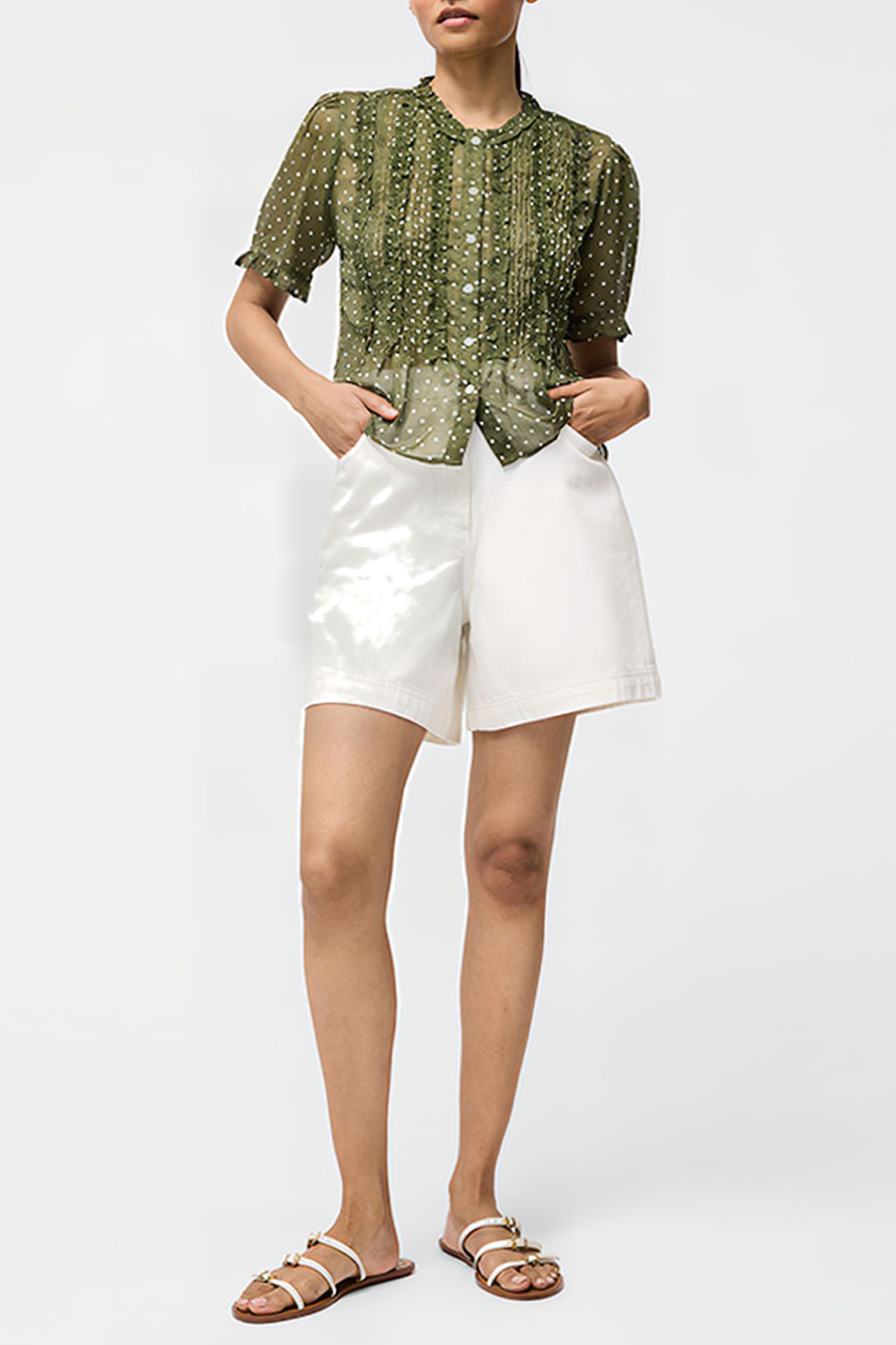 POLKA DOT SHORT SLEEVE RUFFLE TOP SZ18 KHAKI/SUMMER 2