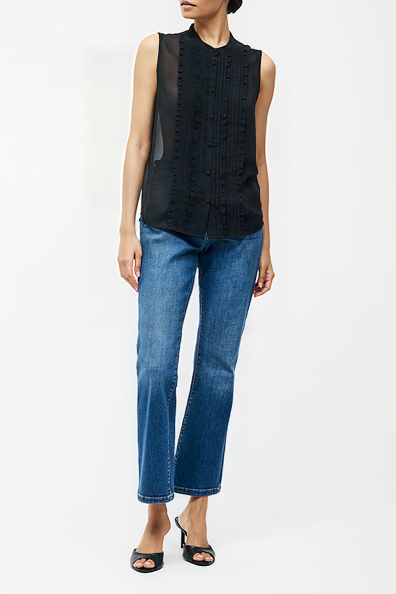 FRILL SLEEVELESS HENLEY BUTTON DOWN TANK TOP BLACK 3