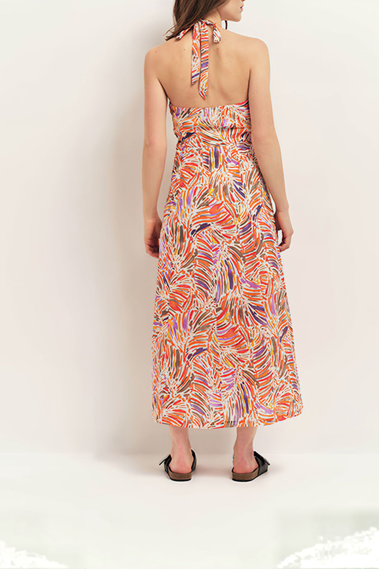 RECY - CORAL HALTER MIDI DRESS WITH ARTY FLORAL PRINT 2