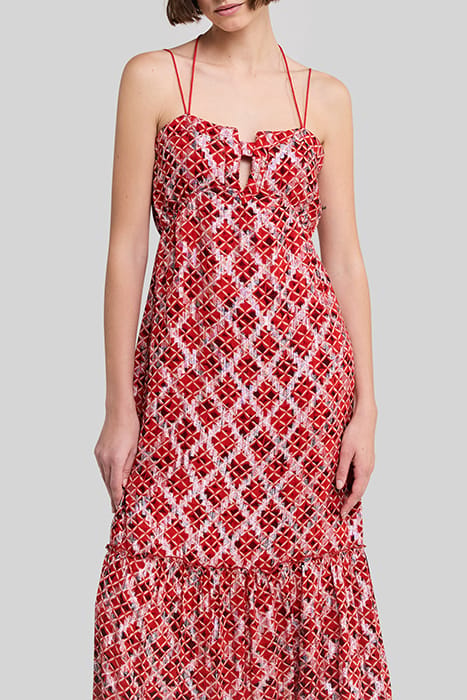 POPPY RED LONG DRESS WITH CHECK PRINT 3