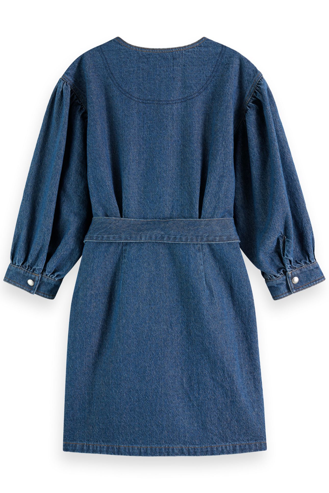BELTED V - NECK WASHED DENIM DRESS WASHED INDIGO 4