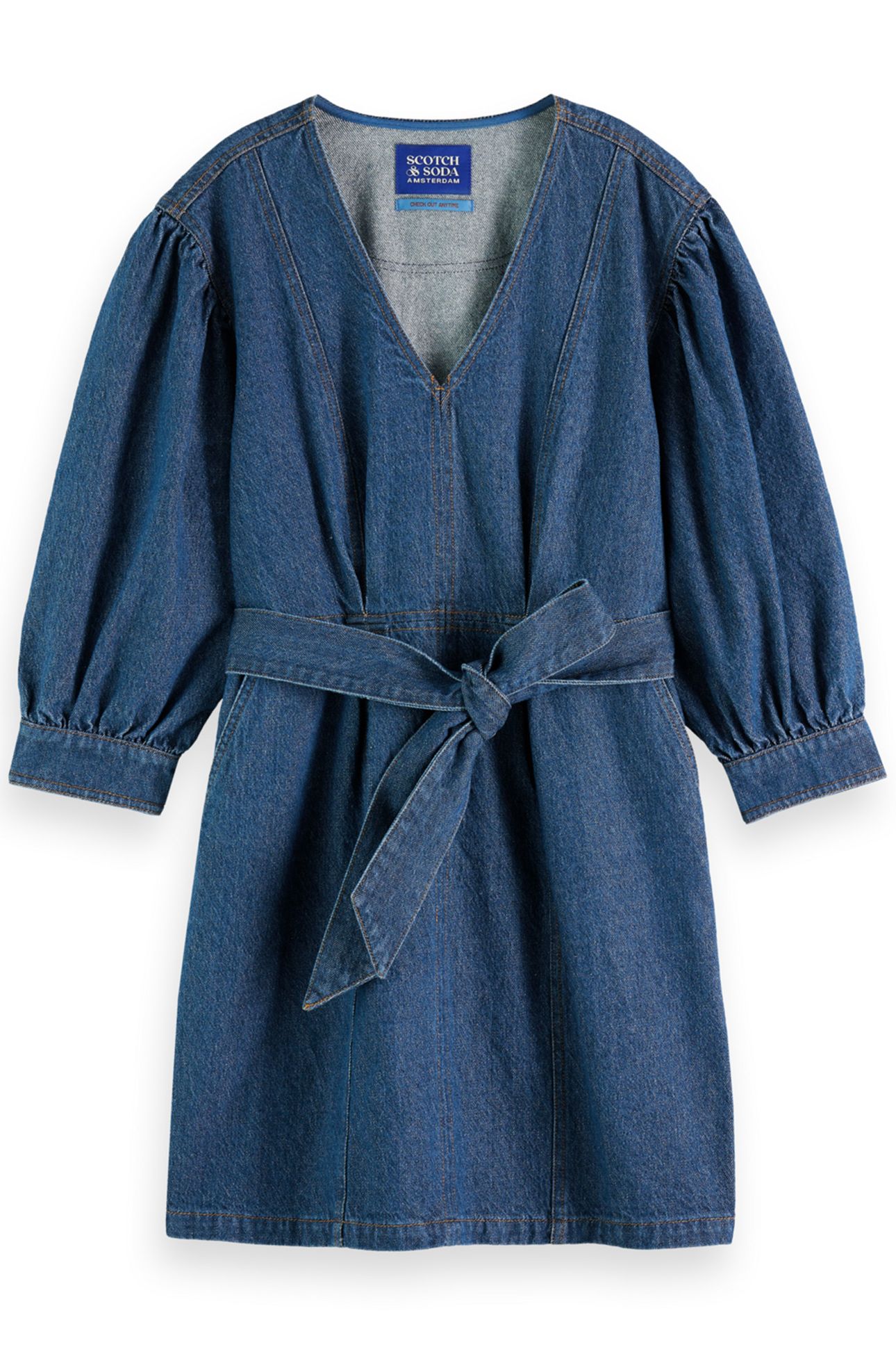 BELTED V - NECK WASHED DENIM DRESS WASHED INDIGO 3
