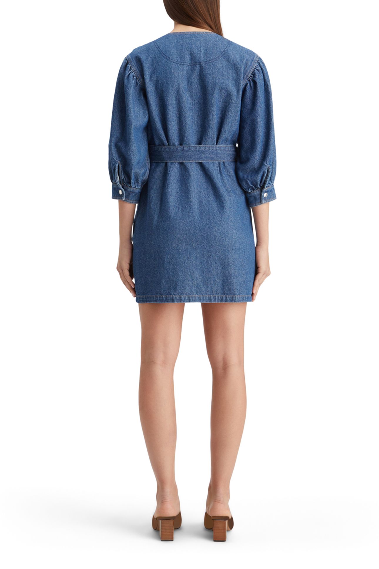 BELTED V - NECK WASHED DENIM DRESS WASHED INDIGO 2