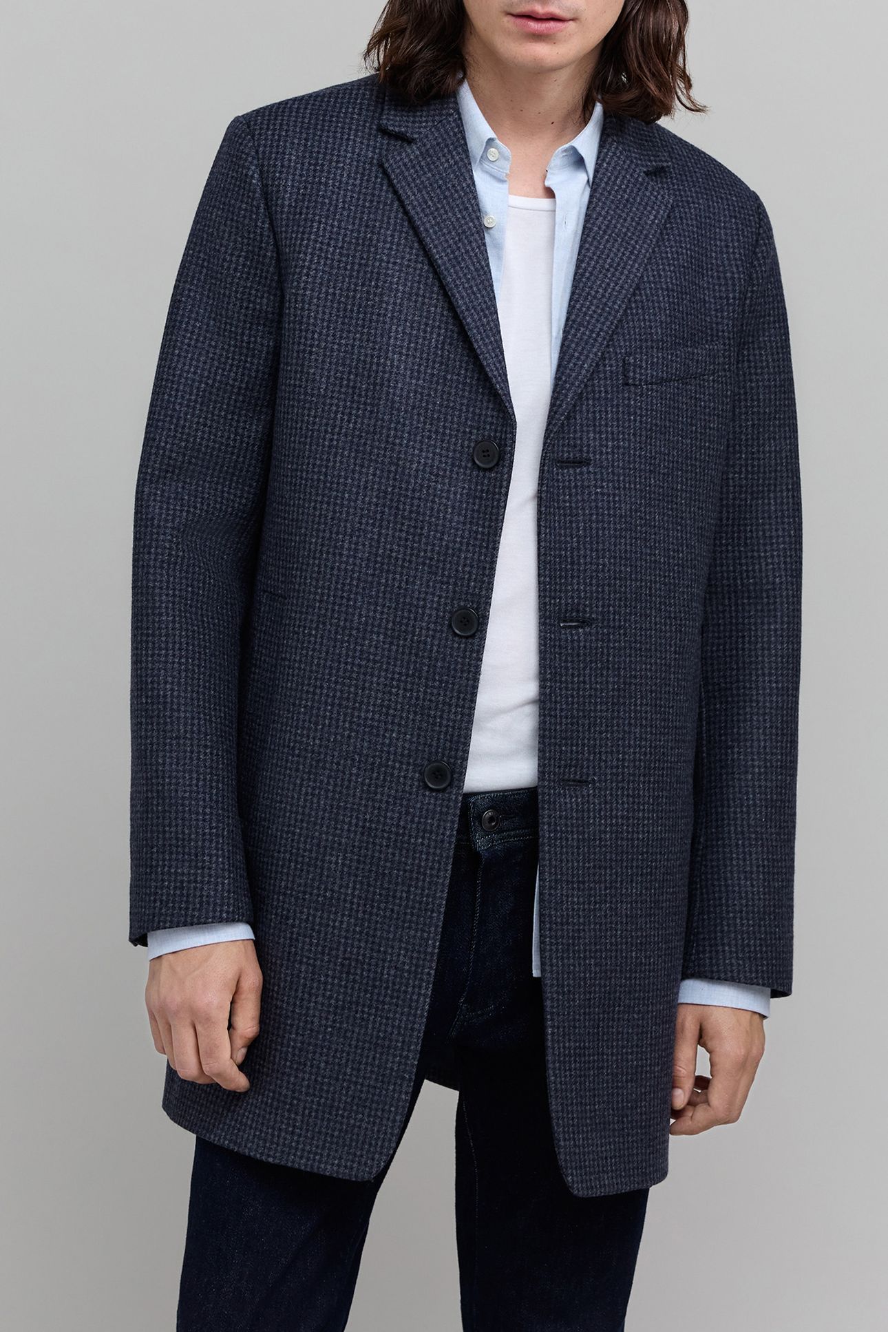 CHECK NAVY WOOL COAT 5