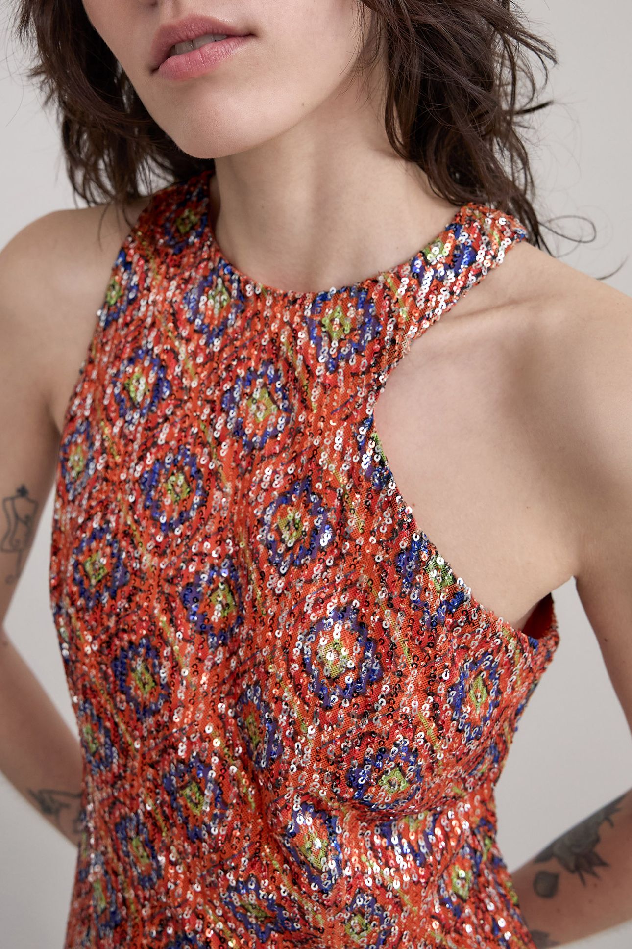 SEQUIN-EMBROIDERED ARABESQUE PRINT MELON MIDI DRESS FOR WOME 5