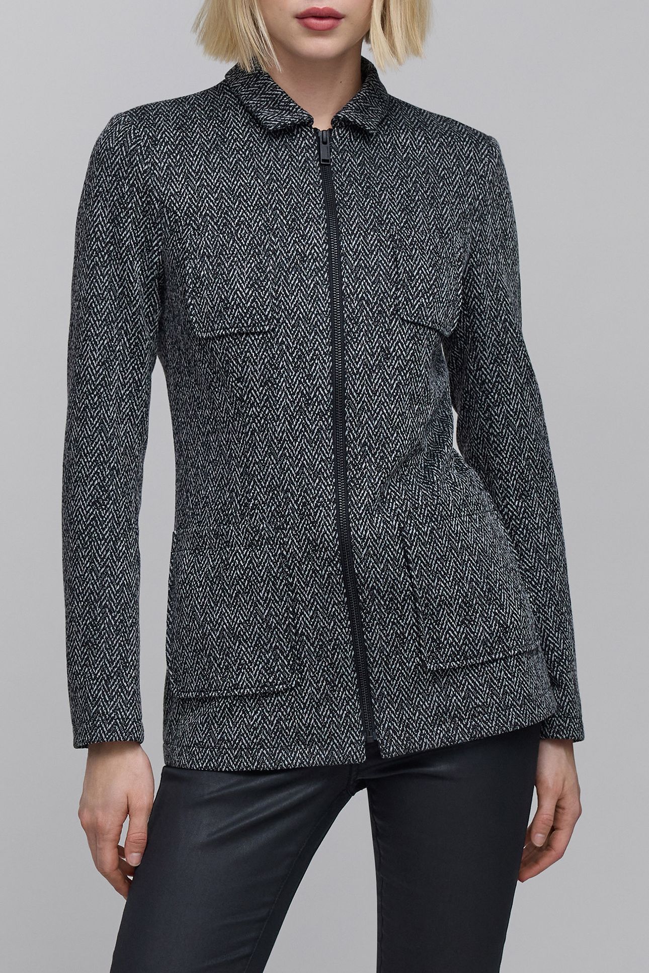 GREY HERRINGBONE-KNIT ZIP-UP JACKET 1