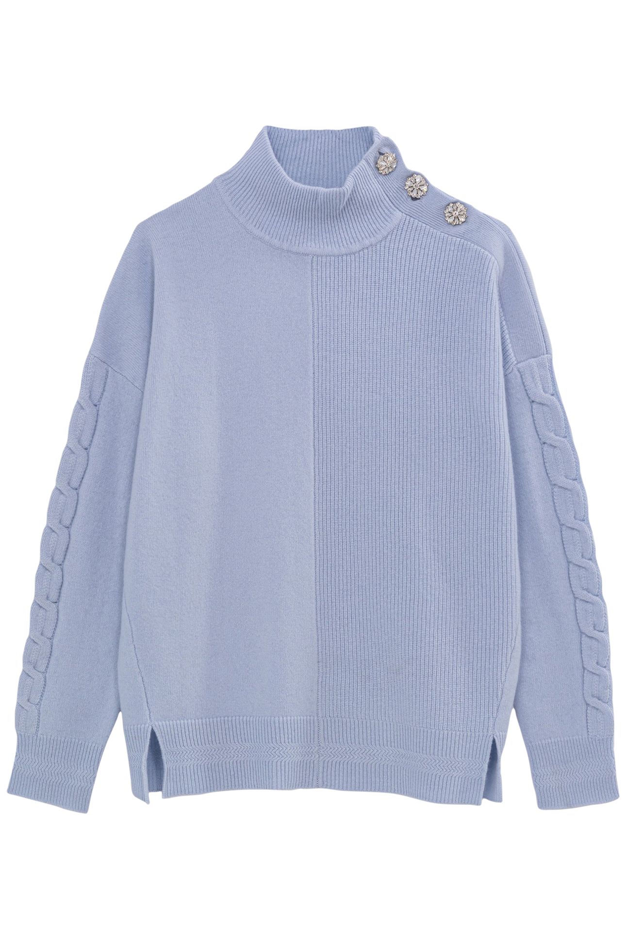SKY BLUE STAND-UP COLLAR KNIT SWEATER WITH RHINESTONE BUTTON 1