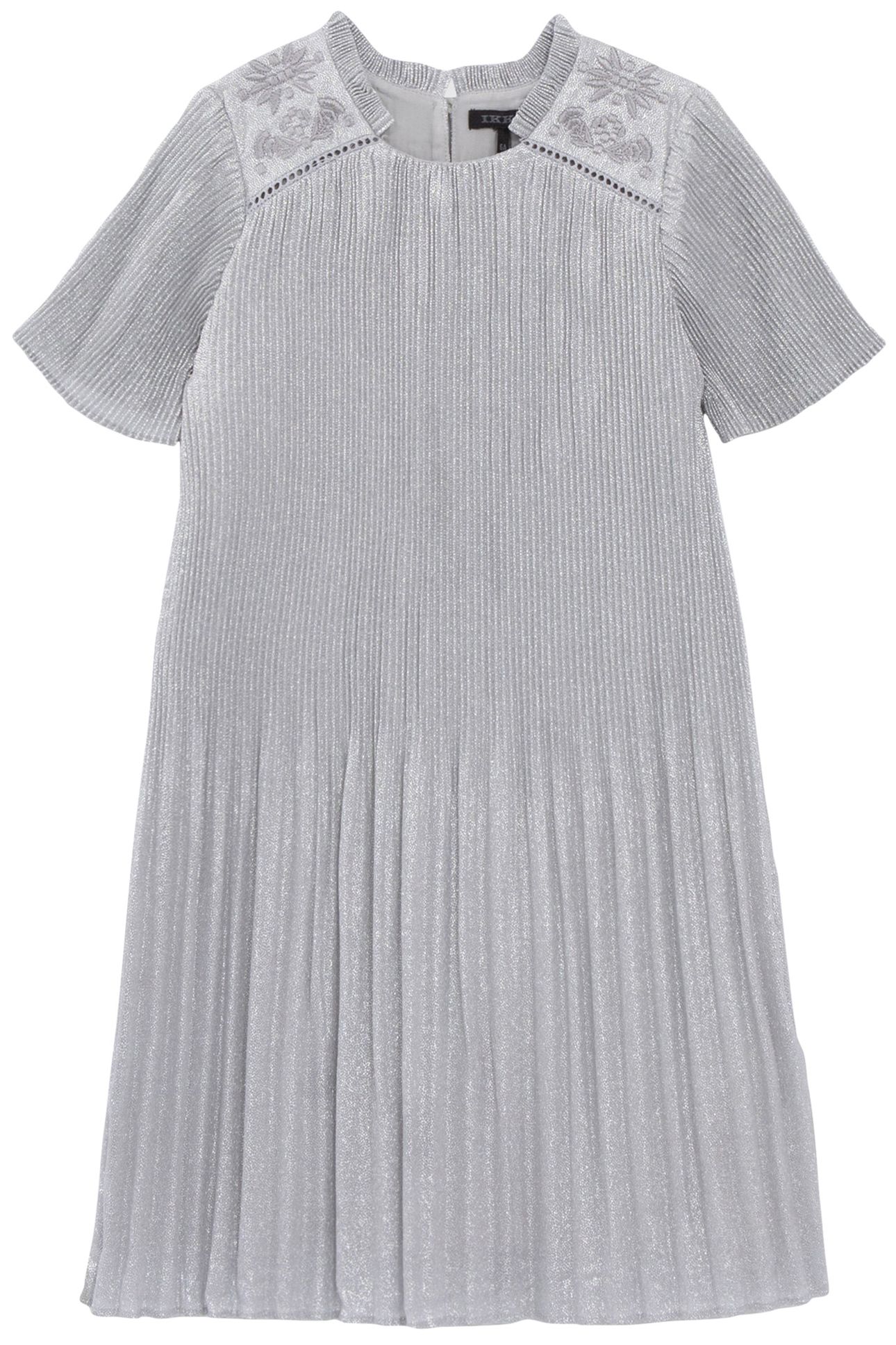 SILVERY PLEATED DRESS WITH EMBROIDERED SHOULDERS 1