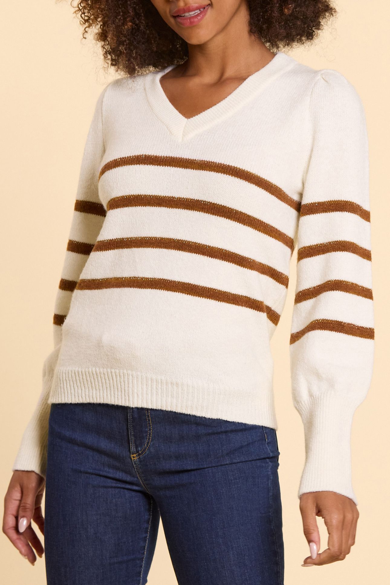 ECRU KNIT SWEATER WITH CAMEL STRIPES 5