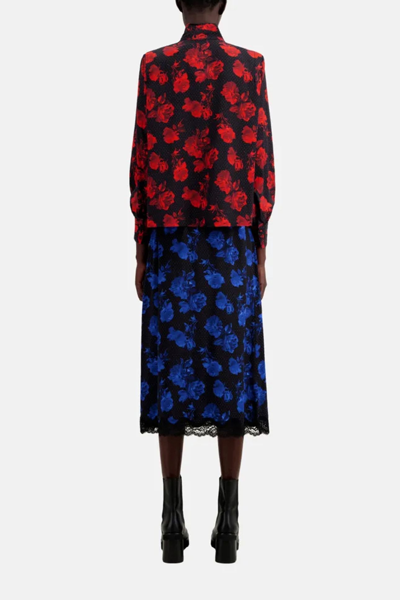 LOOSE SHIRT WITH PLEATED STAND-UP COLLAR BLACK-RED 2