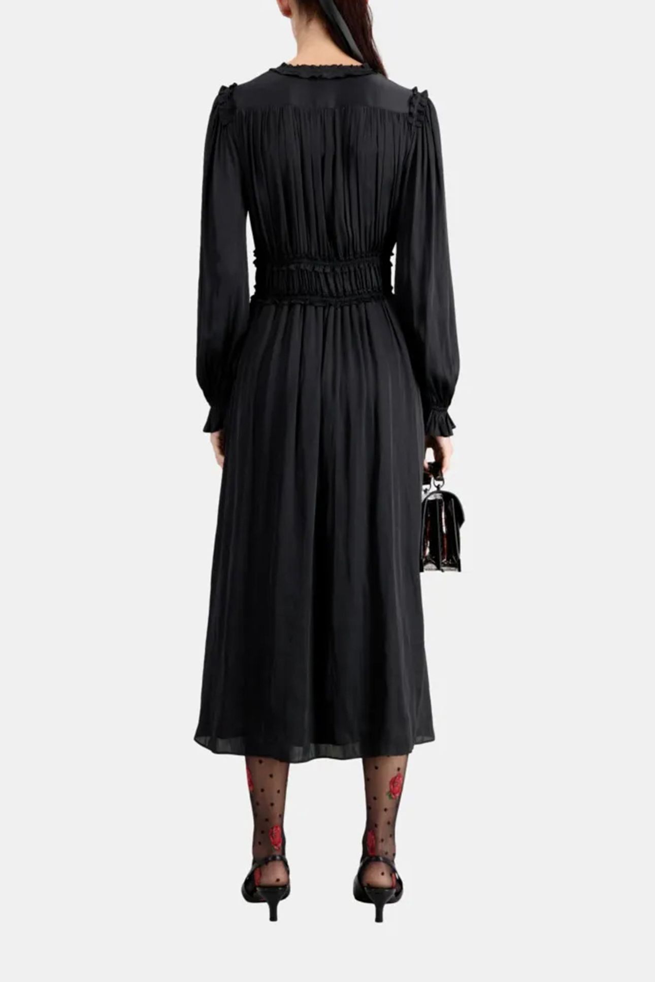 LONG V-NECK DRESS WITH FRILLS BLACK 2