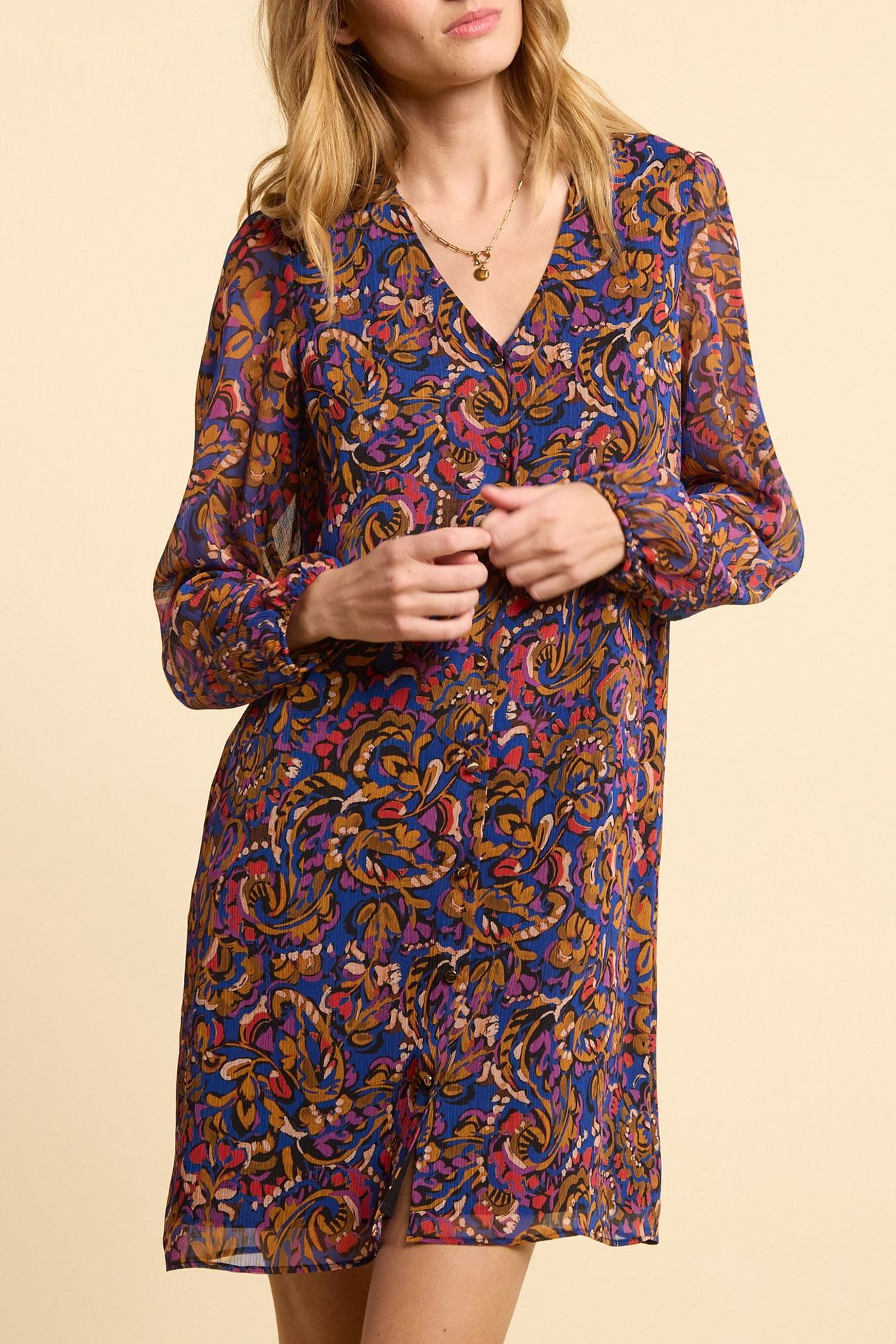 CAMEL DRESS WITH MULTICOLOUR PAISLEY PRINT 1