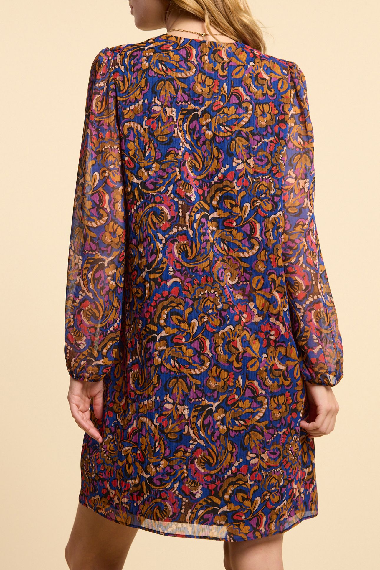 CAMEL DRESS WITH MULTICOLOUR PAISLEY PRINT 2