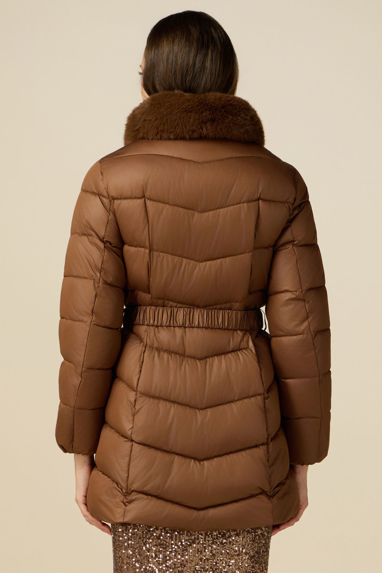 MIDI DOWN JACKET WITH BELT AND FURRY COLLAR BROWN 2