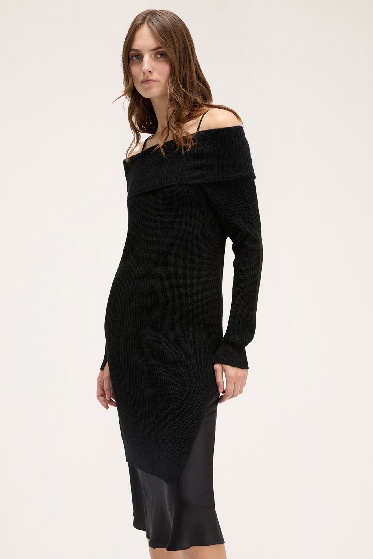 black knitted off the shoulder dress OFF-SHOULDER KNIT WITH SLIP | Online Outlet Shoulder sweater dress
