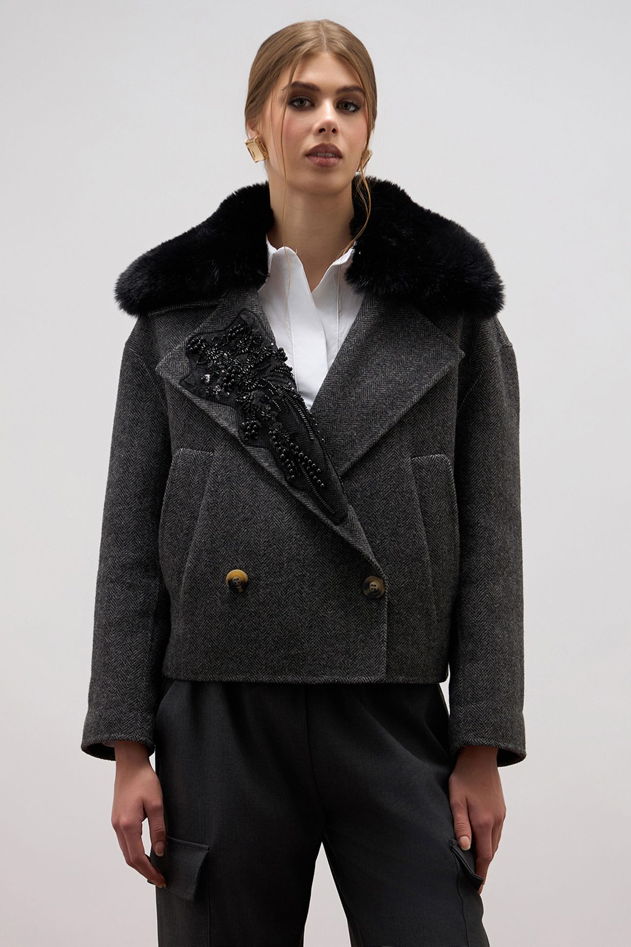 SHORT COAT WITH JEWEL PATCH GREY 1