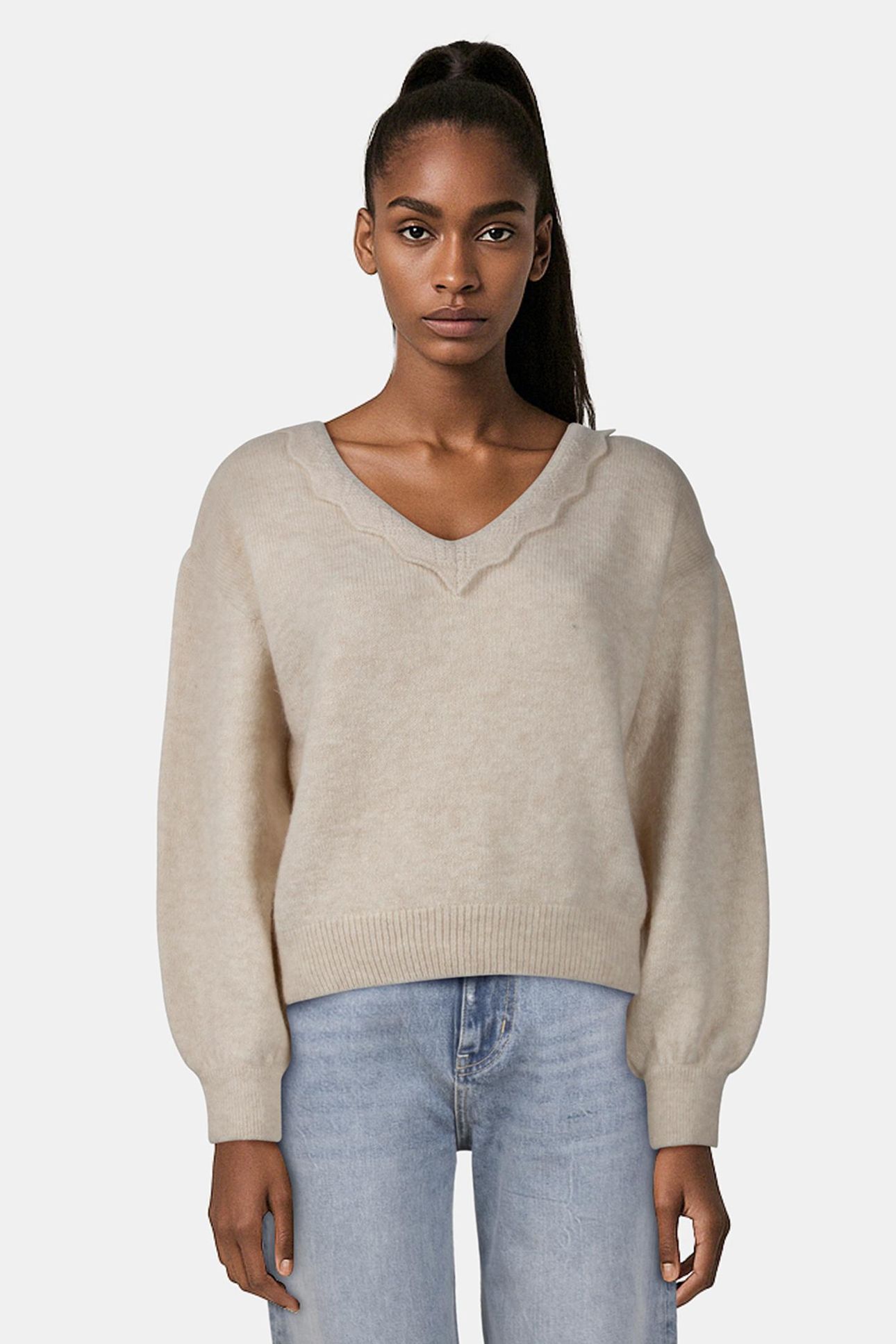 TZAR - IVORY KNIT SWEATER WITH LACE COLLAR, REVERSIBLE FRONT 2