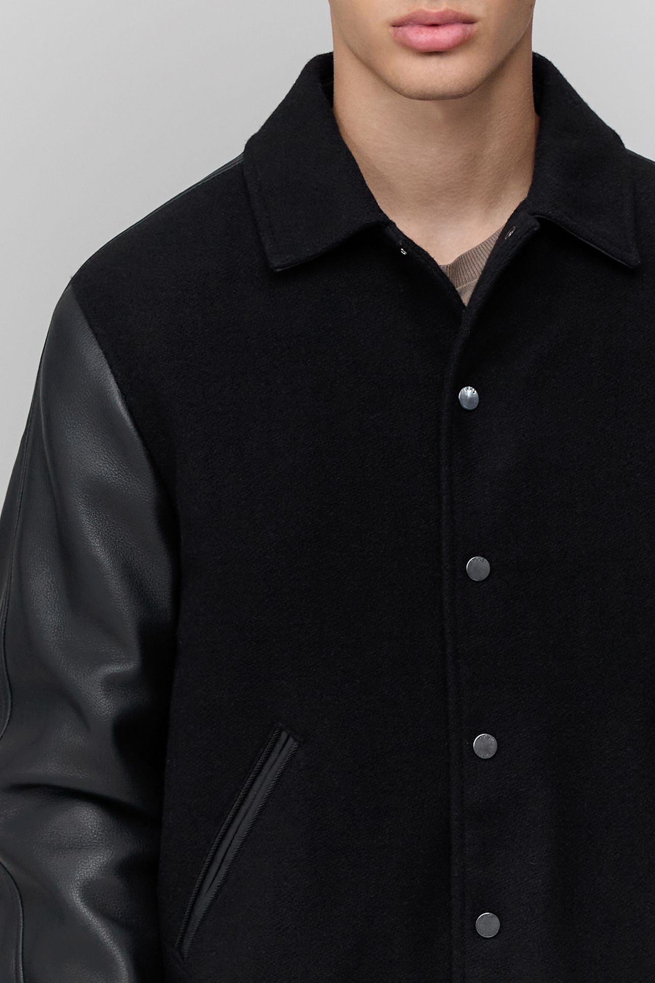 BLACK MIXED CHROME-FREE LEATHER VARSITY JACKET BLACK 6